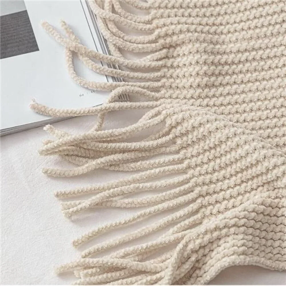 NEW West Elm Boho Cream Ivory Tassel Chenille Knit Throw Blanket - 50